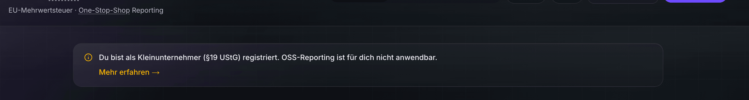 OSS-/Steuer-Seite mit automatischer Status-Prüfung (hier Kleinunternehmer nach §19 UStG)