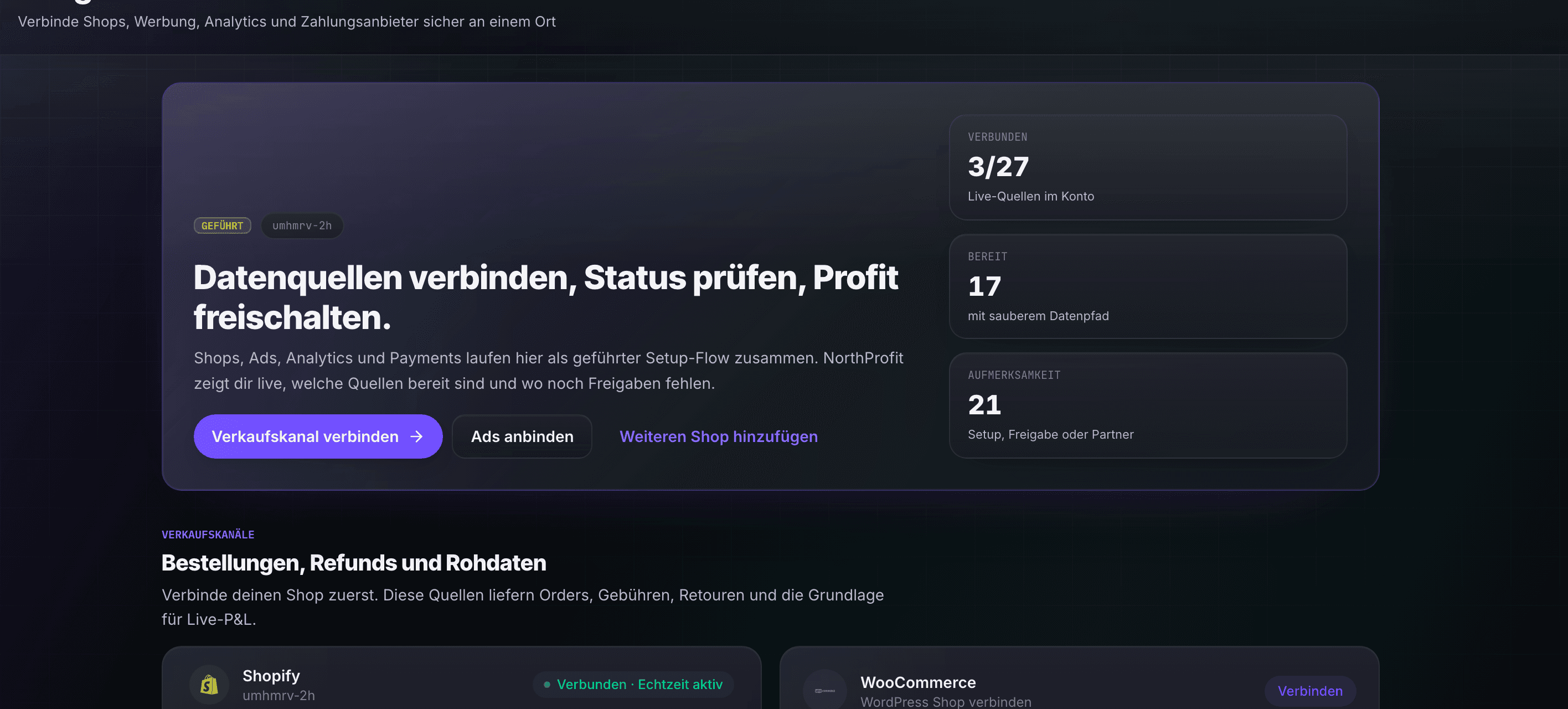 NorthProfit Integrationen mit verbundener Shopify-Karte