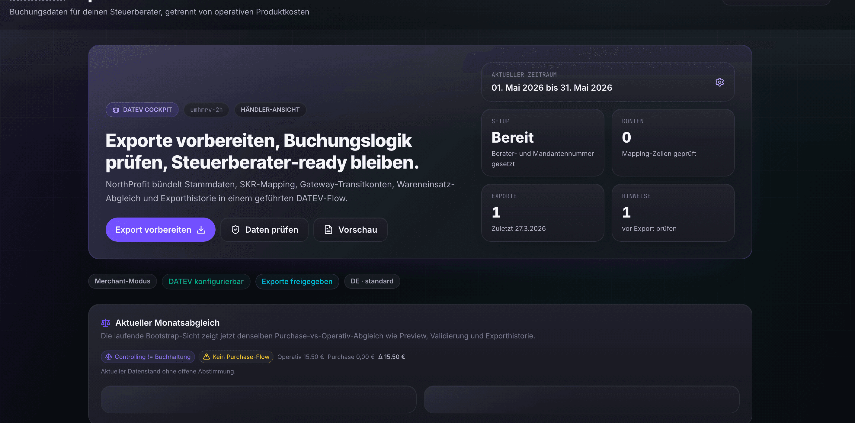 DATEV-Export-Seite mit Mandanten-Setup und Konten-Mapping